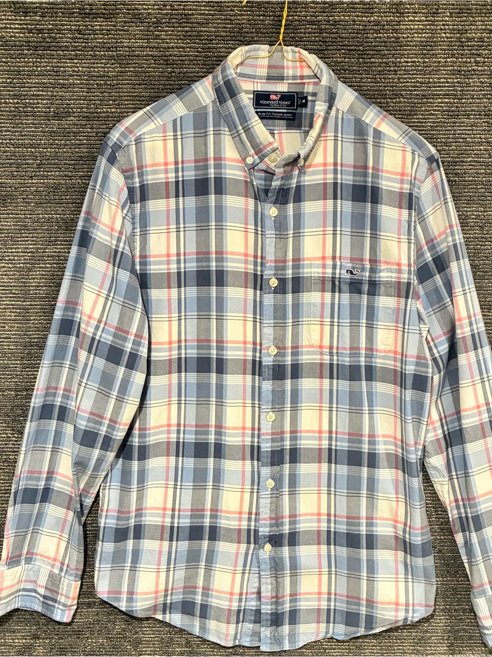 Vineyard Vines Slim Fit Tucker Blue and White Plaid Button-Down Shirt with Pink